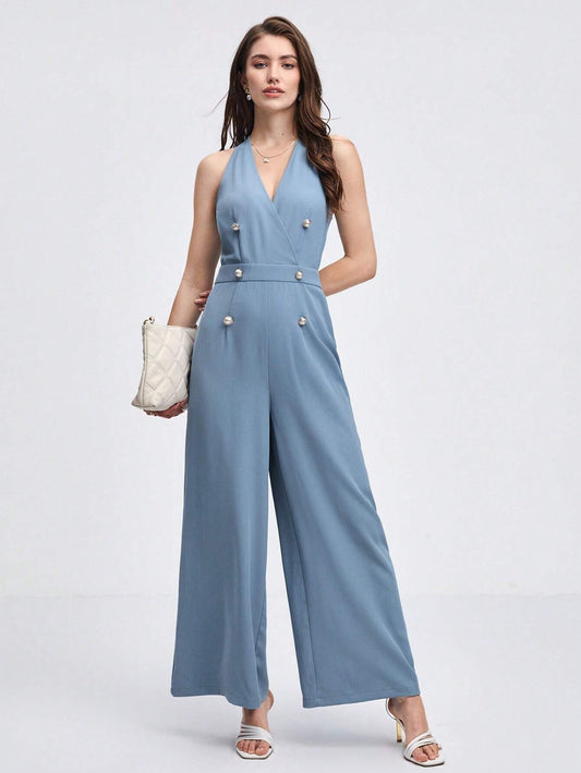 CM-JS581906 Women Elegant Seoul Styel Double Breasted Wide Leg Jumpsuit - Dusty Blue