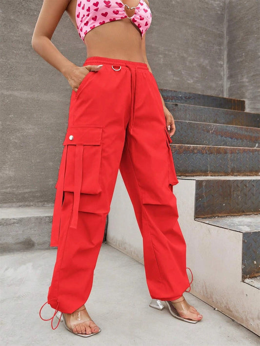 CM-BS432842 Women Casual Seoul Style Flap Pocket Side Drawstring Waist Cargo Pants - Red