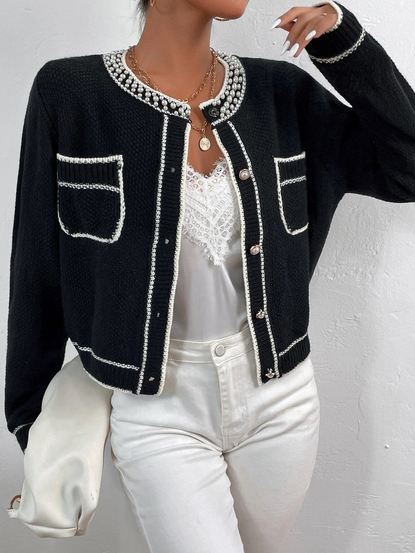 CM-CS226247 Women Casual Seoul Style Pearl Beaded Pocket Patched Cardigan - Black