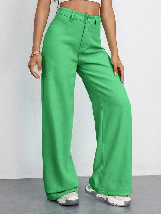 CM-BS663477 Women Casual Seoul Style High Waist Solid Wide Leg Jeans - Green