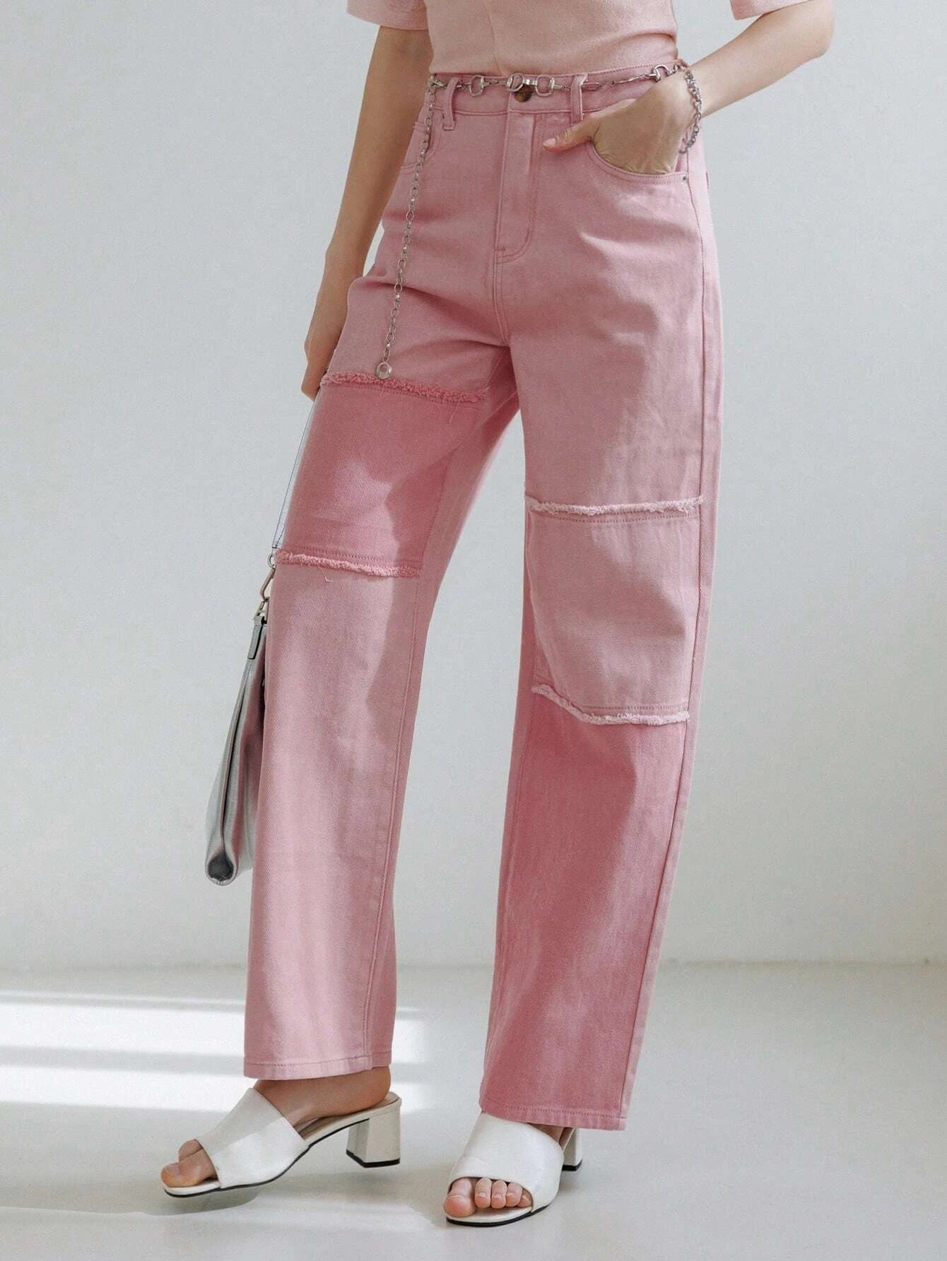 CM-BS707437 Women Preppy Seoul Style Solid Raw Trim Straight Leg Jeans - Pink