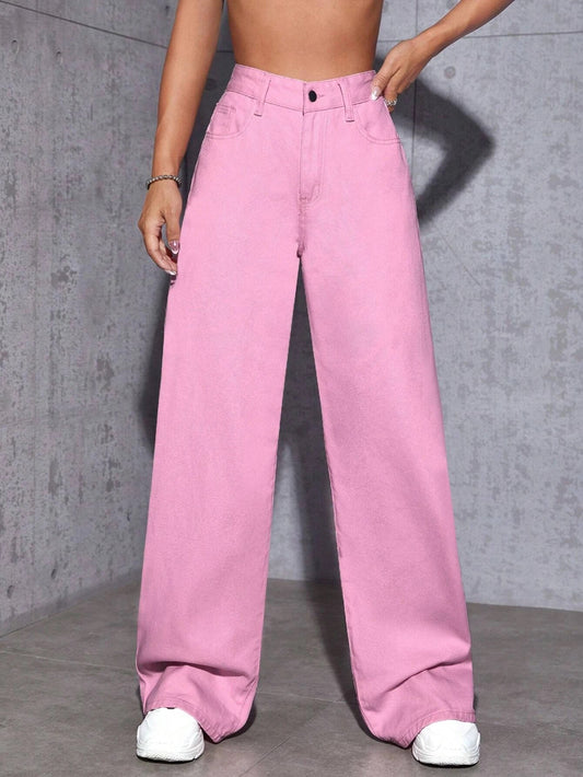 CM-BS522322 Women Casual Seoul Style High Waist Solid Wide Leg Jeans - Pink