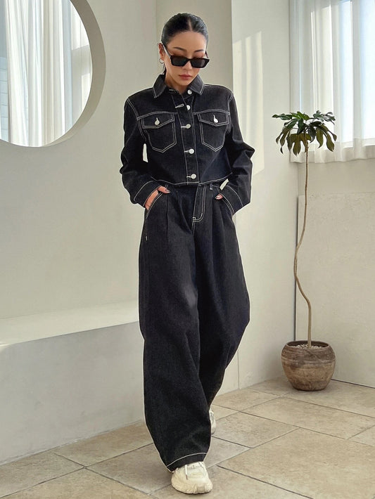 CM-SS935935 Women Preppy Seoul Style Flap Pocket Crop Denim Jacket With Wide Leg Jeans - Set