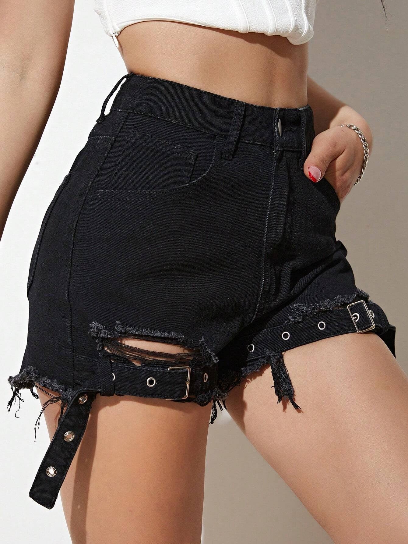 CM-BS824412 Women Casual Seoul Style Grommet Eyelet Buckle Detail Ripped Raw Hem Denim Shorts