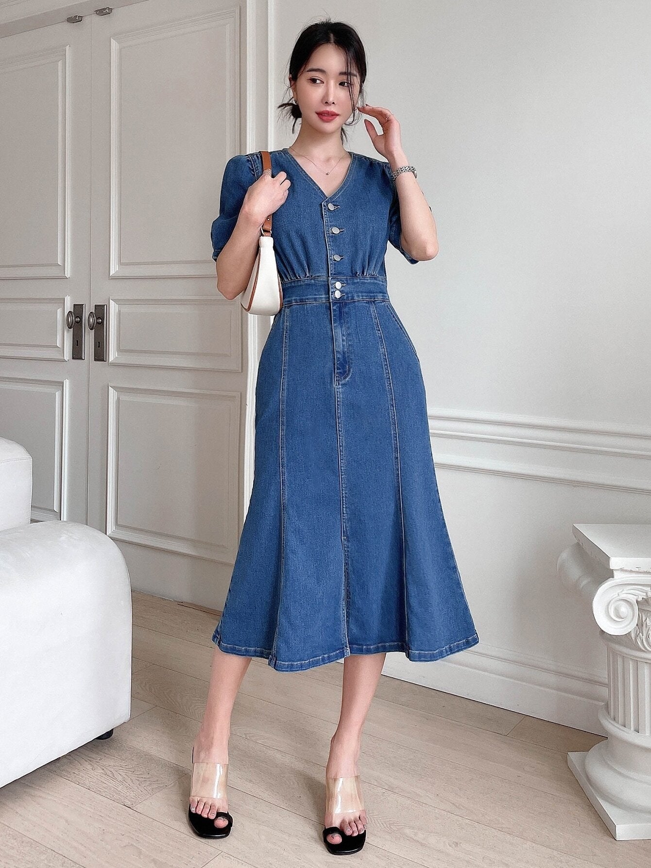 CM-DS299323 Women Preppy Seoul Style Dark Wash Puff Sleeve Button Front Denim Dress
