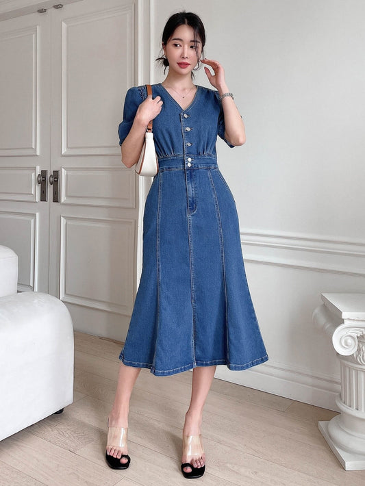 CM-DS299323 Women Preppy Seoul Style Dark Wash Puff Sleeve Button Front Denim Dress