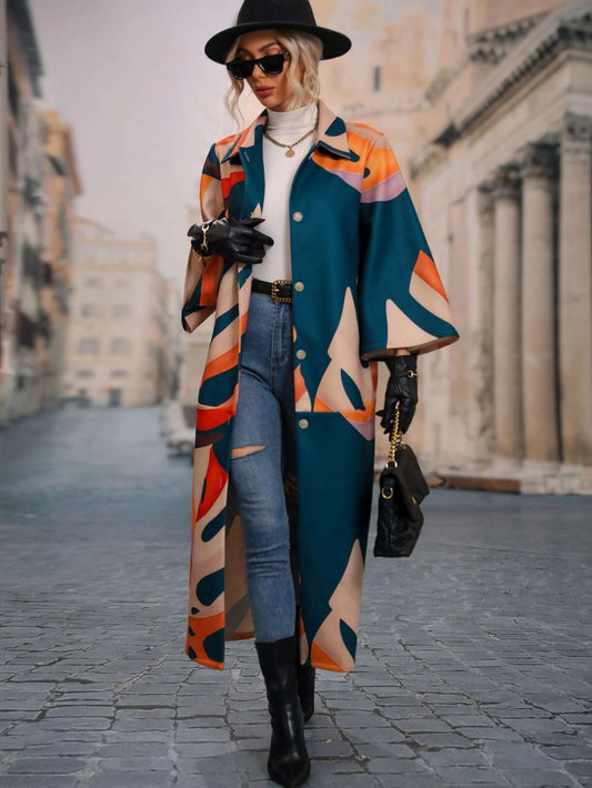 CM-CS448472 Women Casual Seoul Style Tropical Print Drop Shoulder Overcoat