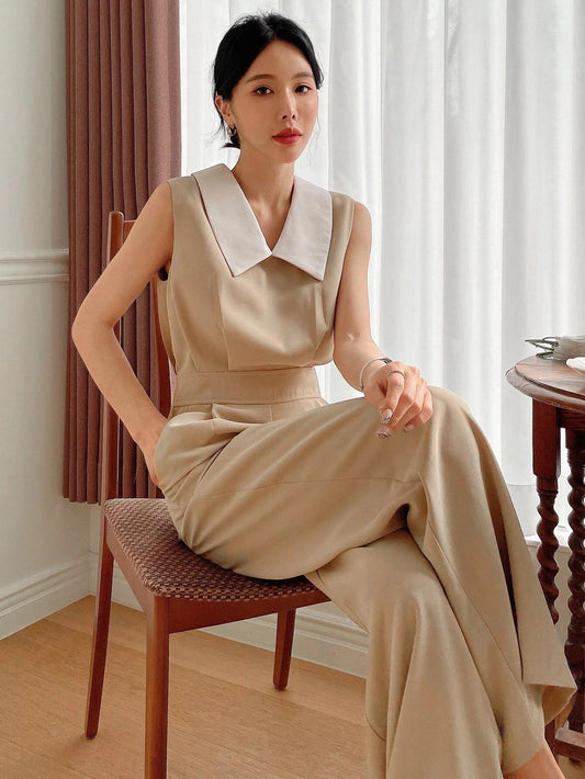 CM-JS050337 Women Casual Seoul Style Contrast Collar Sleeveless Wide Leg Jumpsuit