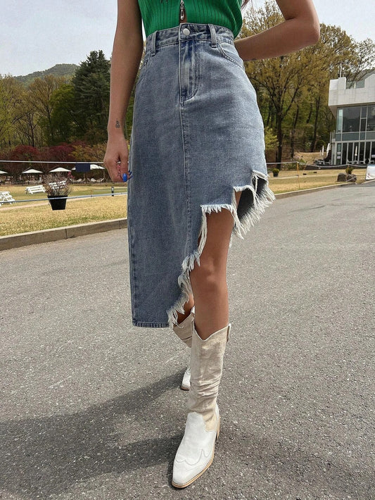 CM-BS604099 Women Casual Seoul Style Solid Raw Trim Asymmetrical Hem Denim Skirt