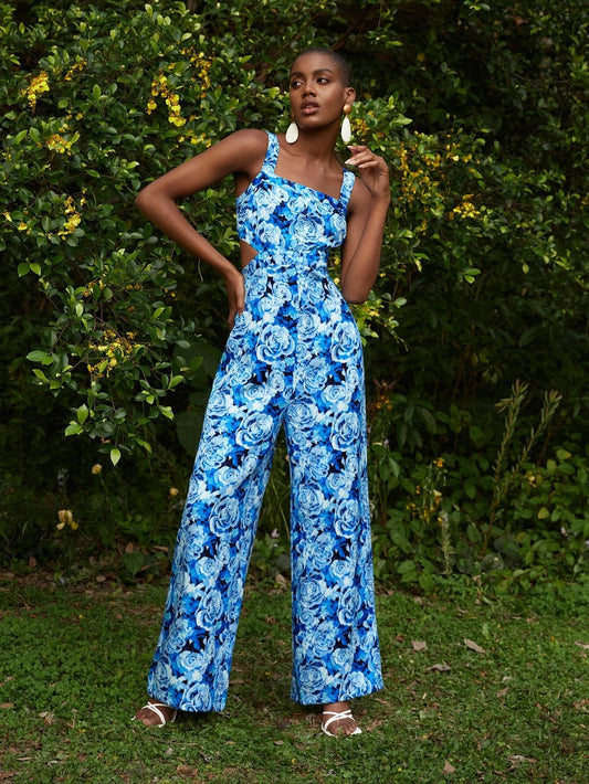 CM-JS067267 Women Casual Seoul Style Allover Floral Print Cut Out Waist Wide Leg Cami Jumpsuit