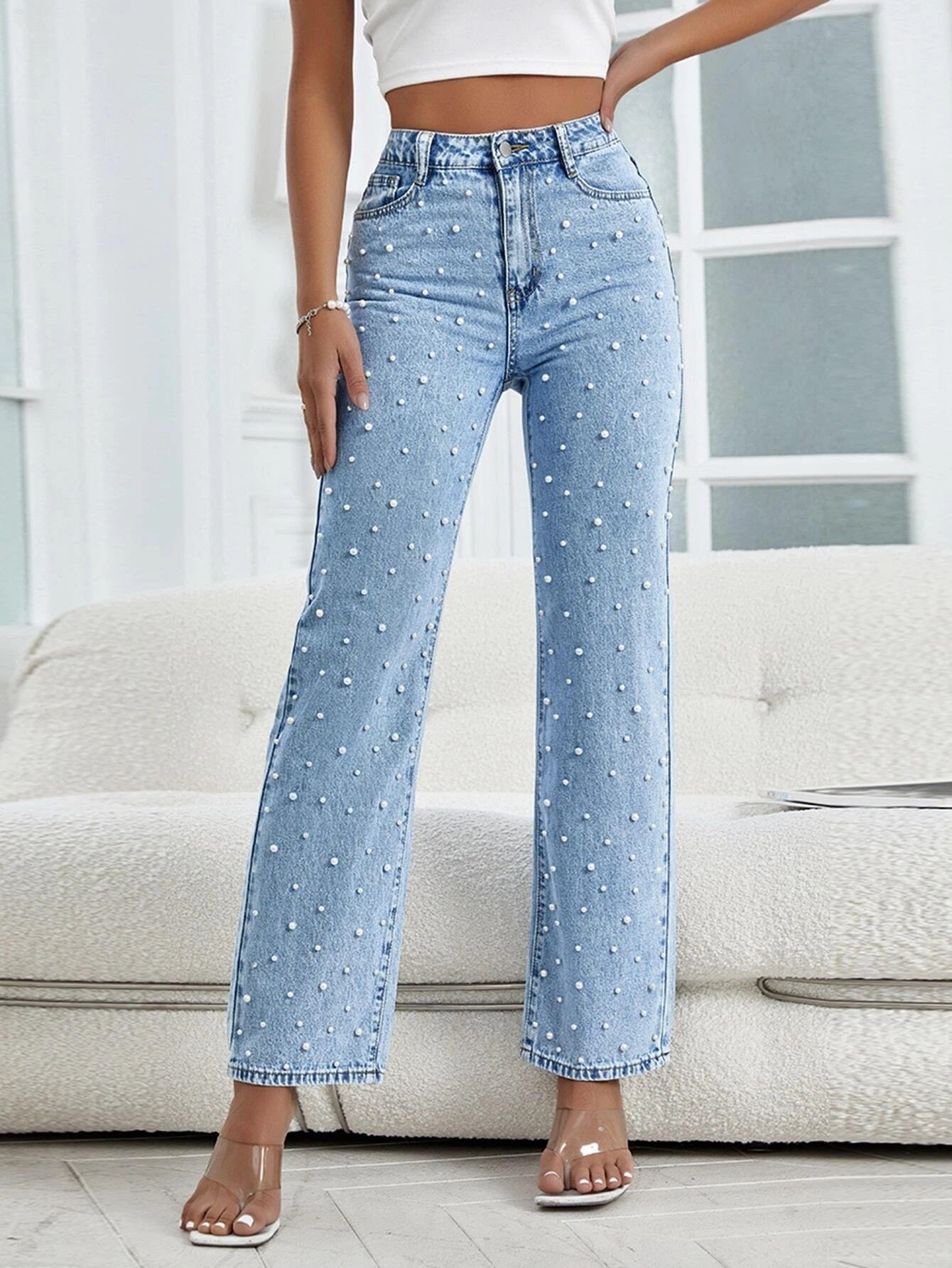 CM-BS212555 Women Elegant Seoul Style Light Wash Pearls Beaded Flare Leg Jeans