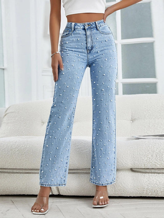 CM-BS212555 Women Elegant Seoul Style Light Wash Pearls Beaded Flare Leg Jeans