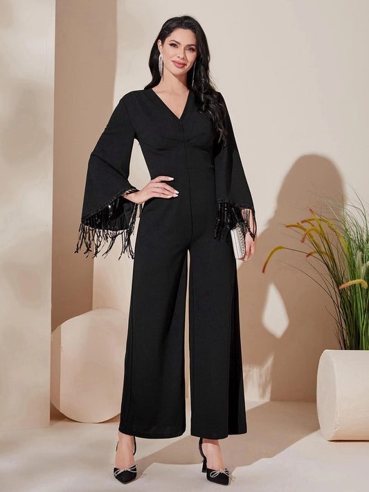 CM-JS186835 Women Elegant Seoul Style Long Sleeve Fringe Trim Wide Leg Jumpsuit - Black