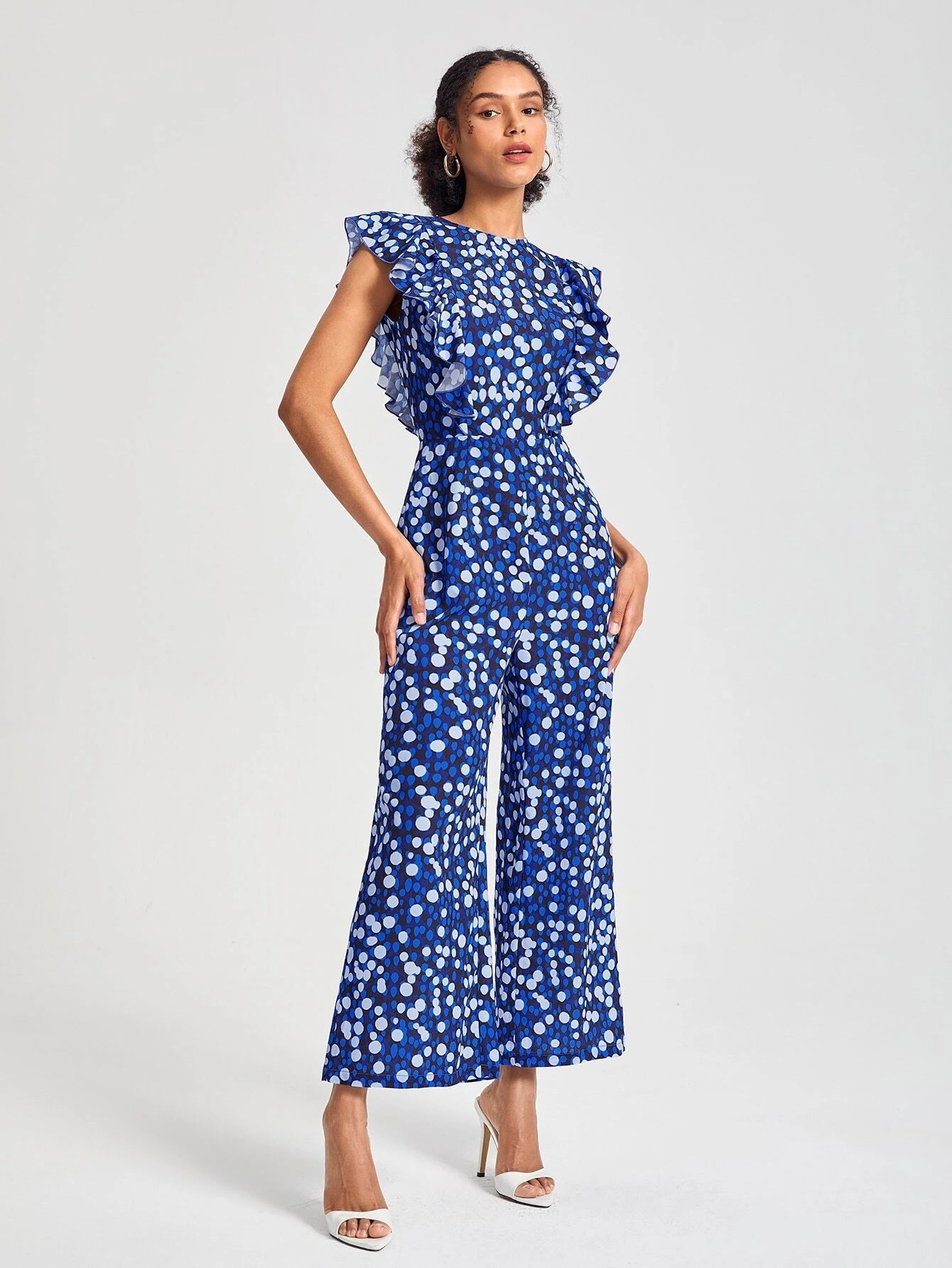 CM-JS040339 Women Casual Seoul Style Allover Print Ruffle Trim Wide Leg Jumpsuit