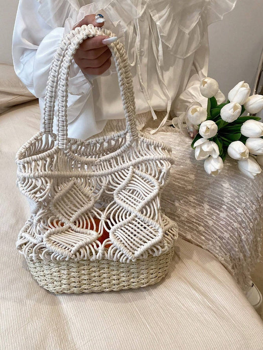 CM-BGS481716 Women Trendy Bohemian Style Paper Straw Bag Hollow Out - White