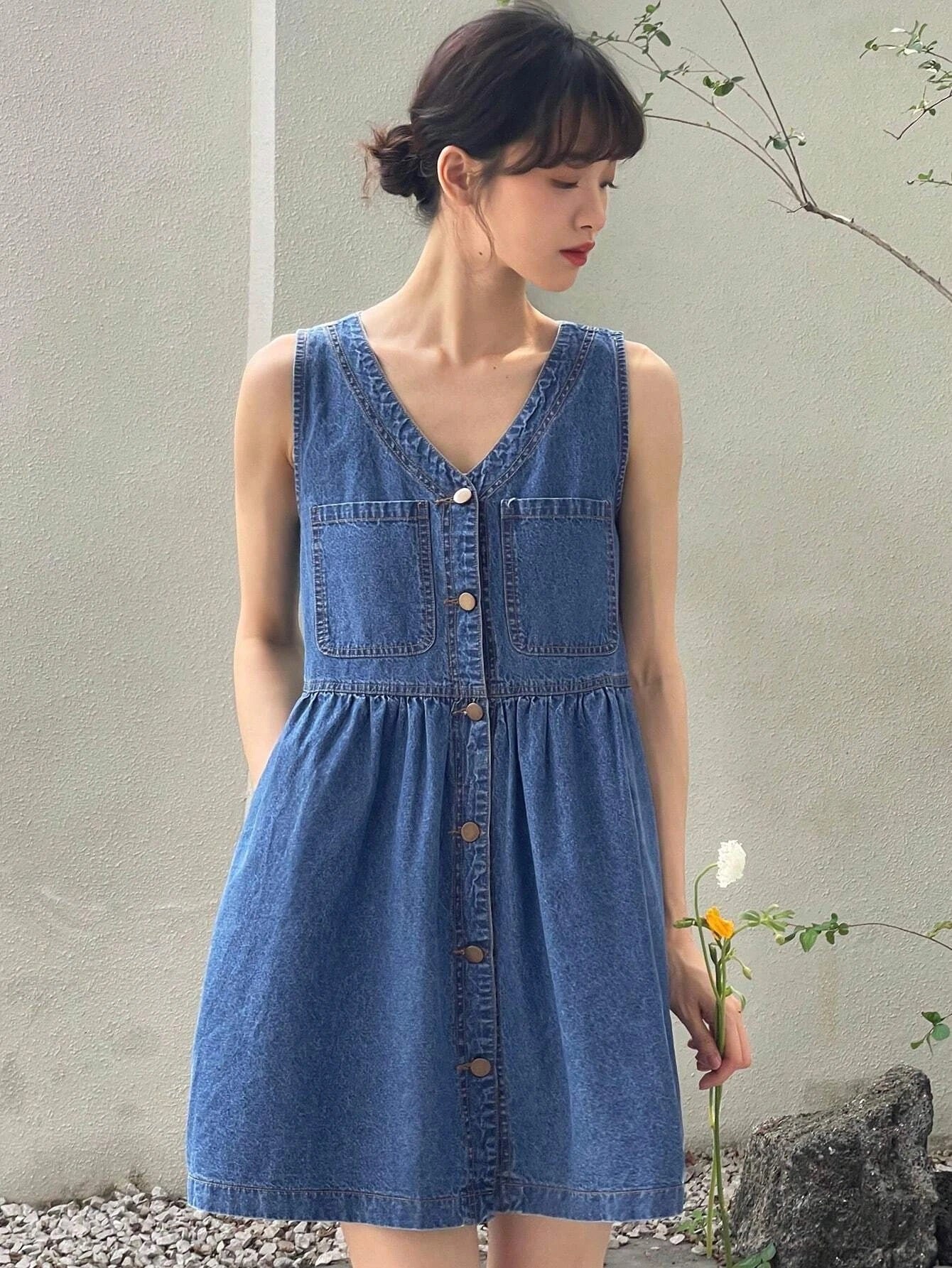 CM-DS941911 Women Preppy Seoul Style Medium Wash Button Front Denim Dress