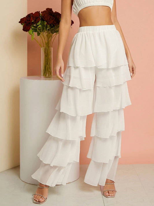 CM-BS281741 Women Trendy Bohemian Style High Waist Layer Hem Chiffon Pants - White