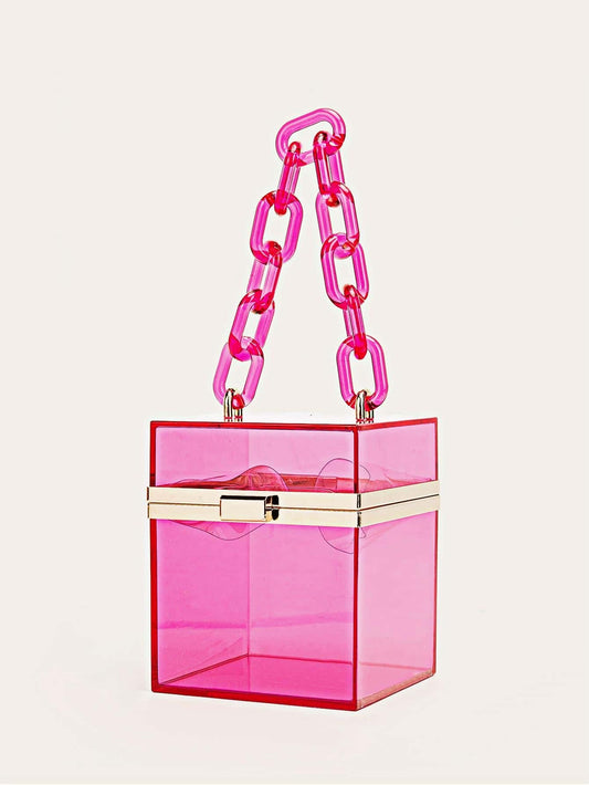 CM-BGS336500 Women Trendy Seoul Style Mini Box Bag Clear Chain Strap - Hot Pink