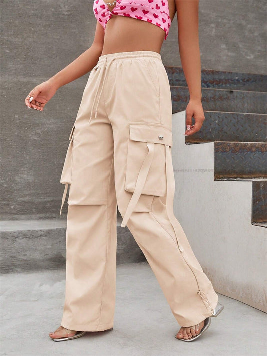 CM-BS465782 Women Casual Seoul Style Flap Pocket Side Drawstring Waist Cargo Pants - Apricot