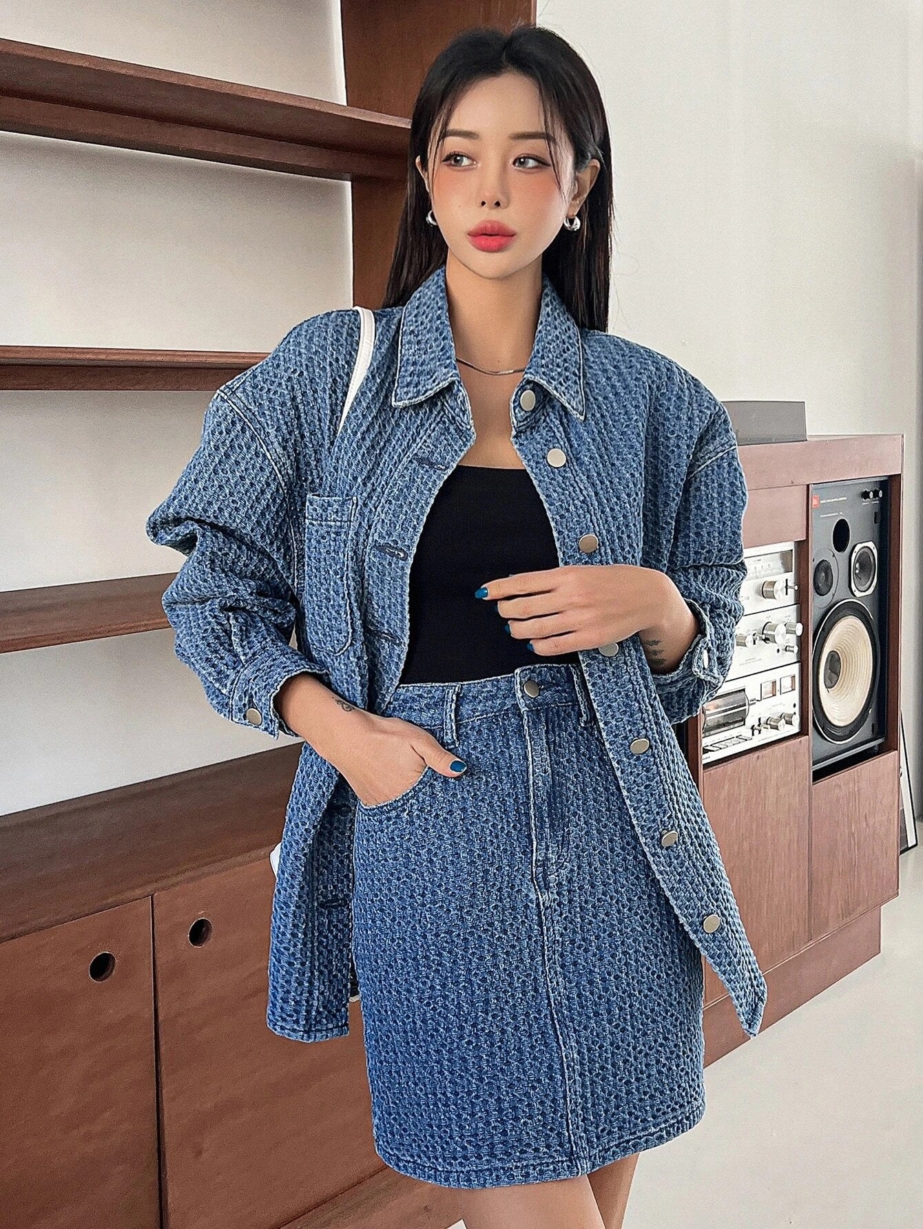 CM-SS241206 Women Preppy Seoul Style Drop Shoulder Denim Coat With Denim Skirt - Set