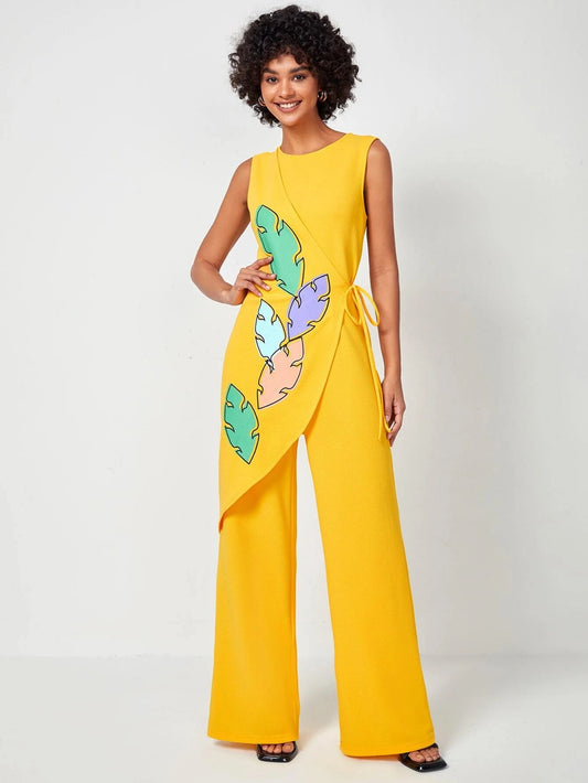 CM-JS322230 Women Elegant Seoul Style Leaf Print Knot Side Wrap Hem Tank Jumpsuit