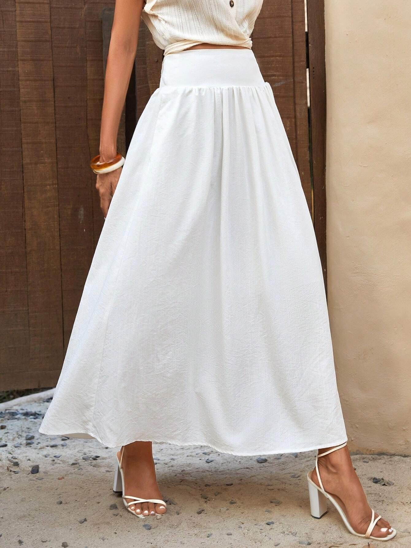 CM-BS930660 Women Casual Seoul Style Solid High Waist A-Line Skirt - White