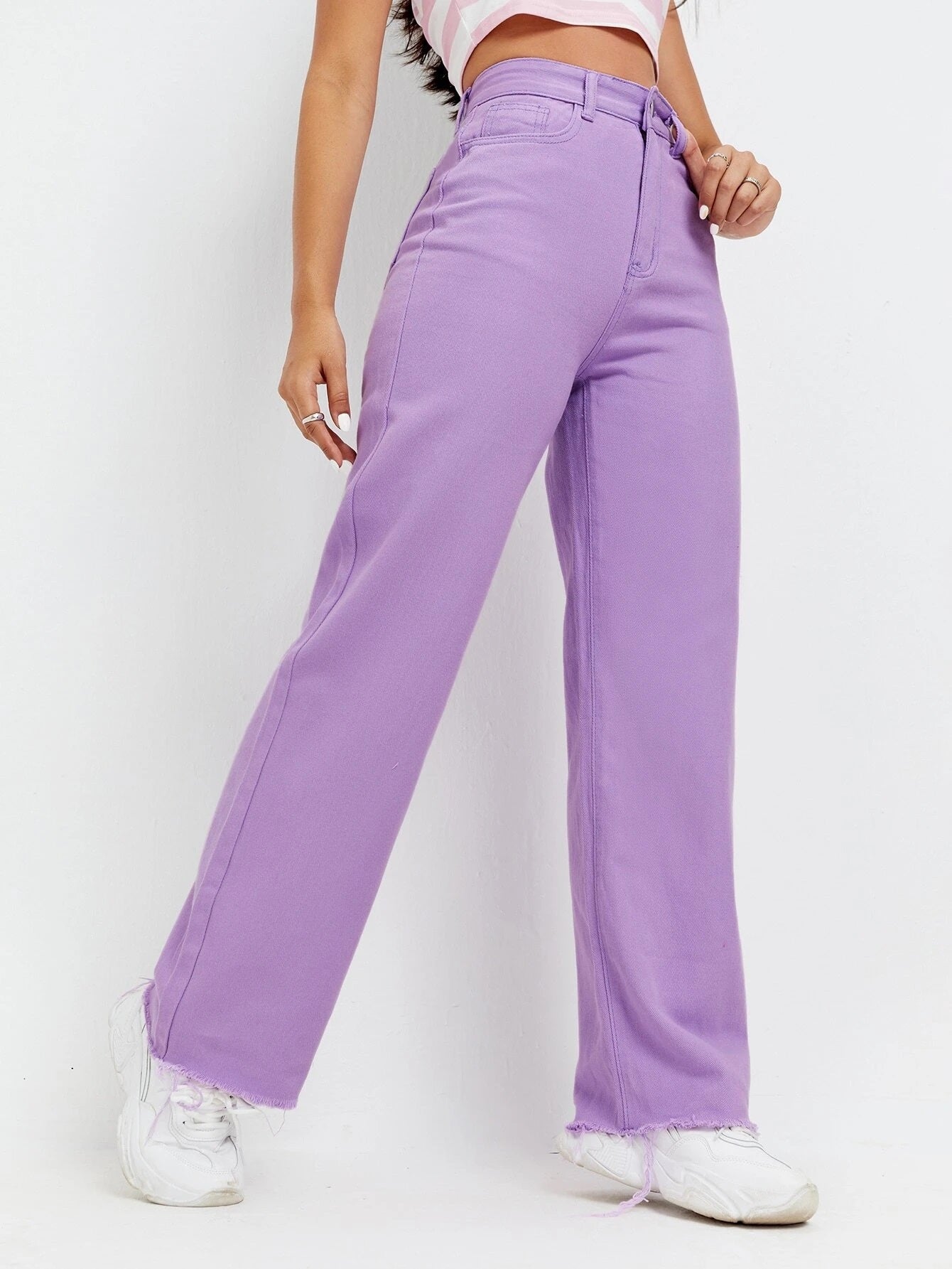 CM-BS421981 Women Casual Seoul Style High Waist Raw Hem Wide Leg Jeans - Purple