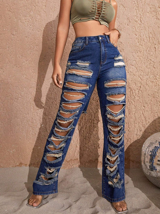 CM-BS699580 Women Preppy Seoul Style High Waist Ripped Straight Leg Jeans - Blue
