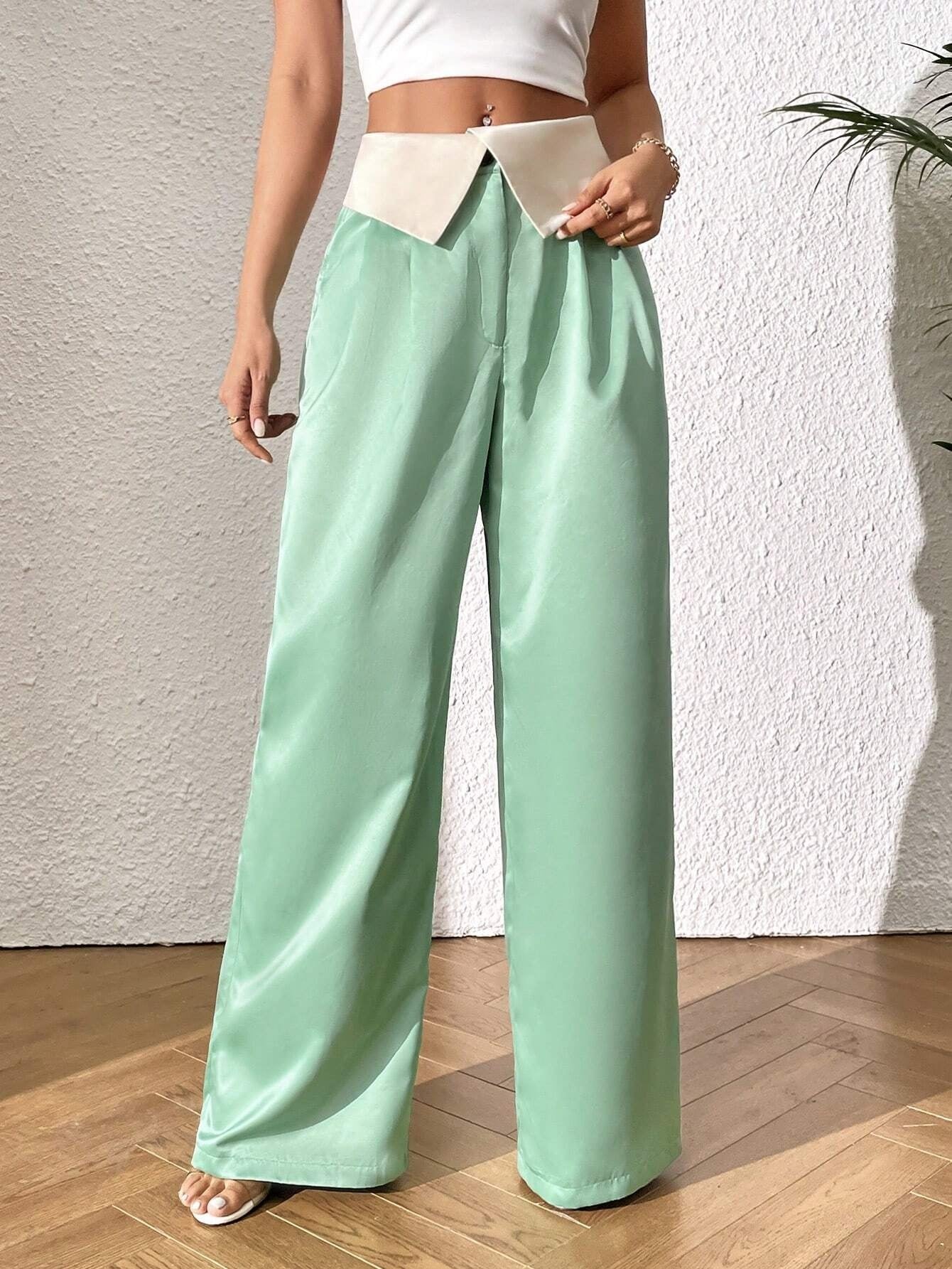 CM-BS322229 Women Elegant Seoul Style Fold Pleated Detail Wide Leg Pants - Green