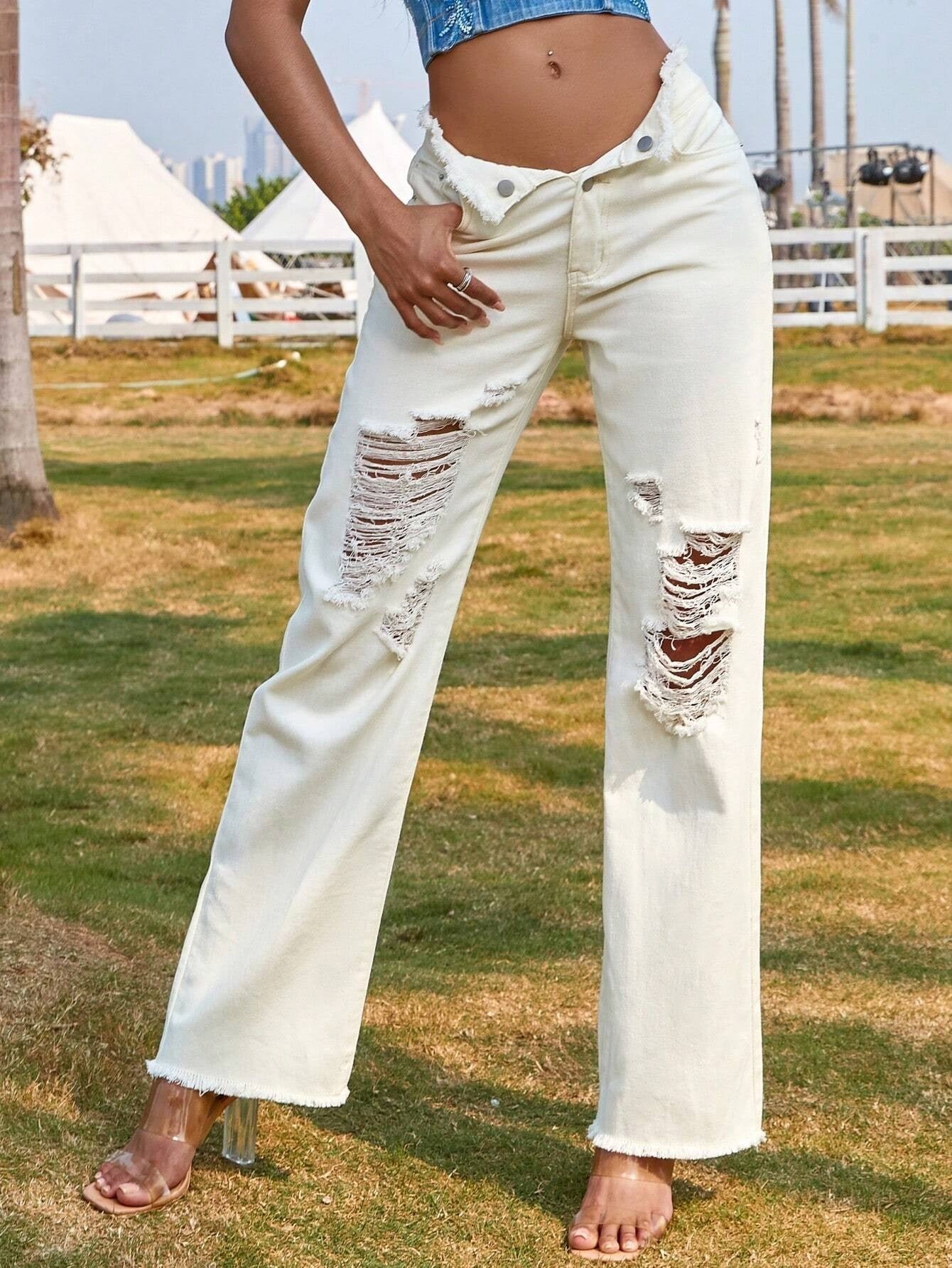CM-BS692744 Women Preppy Seoul Style Ripped Straight Leg Jeans - White
