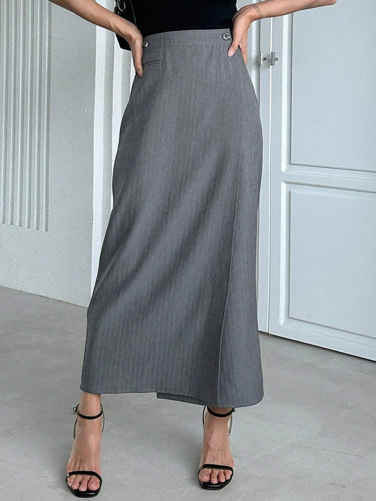 CM-BS413654 Women Elegant Seoul Style Solid High Waist Split Back Skirt - Gray