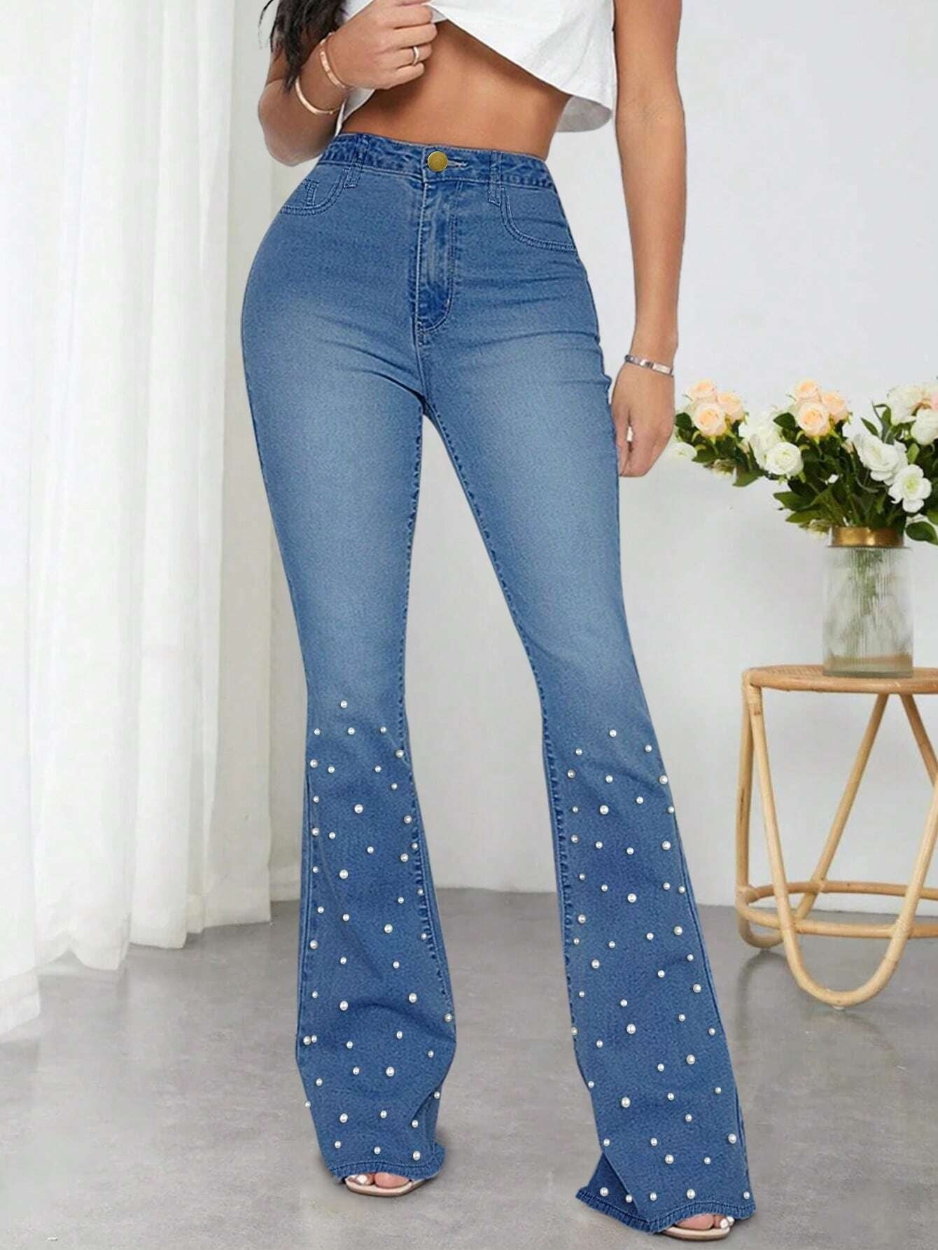 CM-BS923313 Women Preppy Seoul Style Medium Wash Pearls Beaded Flare Leg Jeans