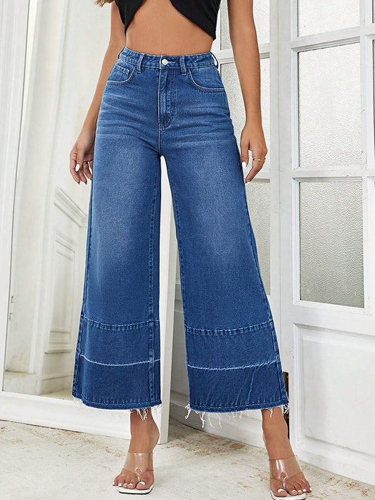 CM-BS770790 Women Preppy Seoul Style Dark Wash High Waist Wide Leg Jeans