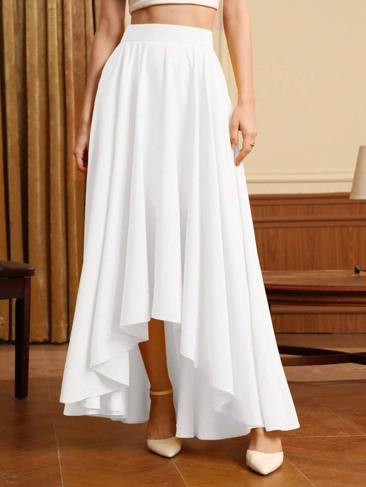 CM-BS981102 Women Trendy Bohemian Style High Waist Asymmetrical Hem Skirt - White