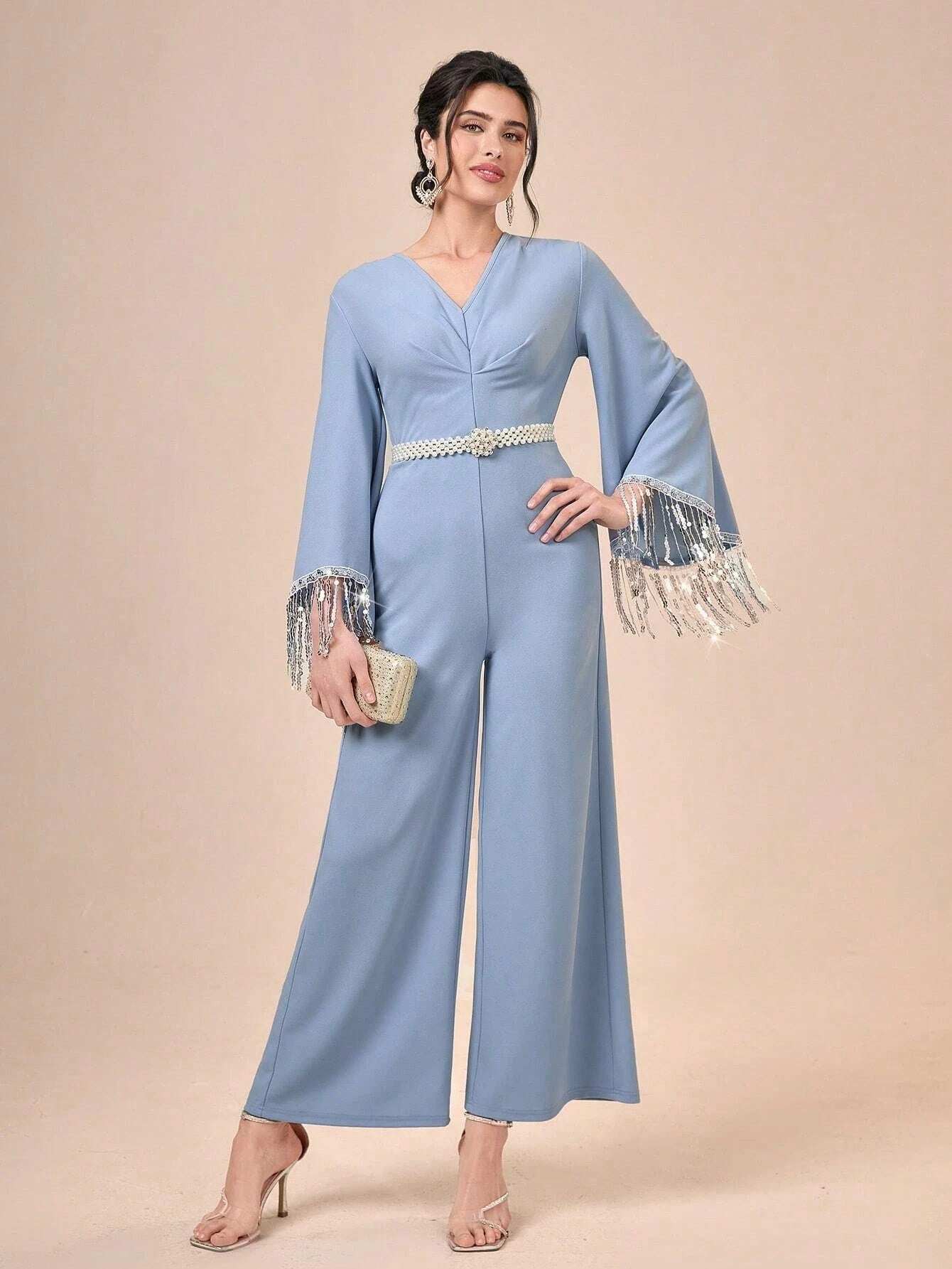 CM-JS180858 Women Elegant Seoul Style Long Sleeve Fringe Trim Wide Leg Jumpsuit - Dusty Blue