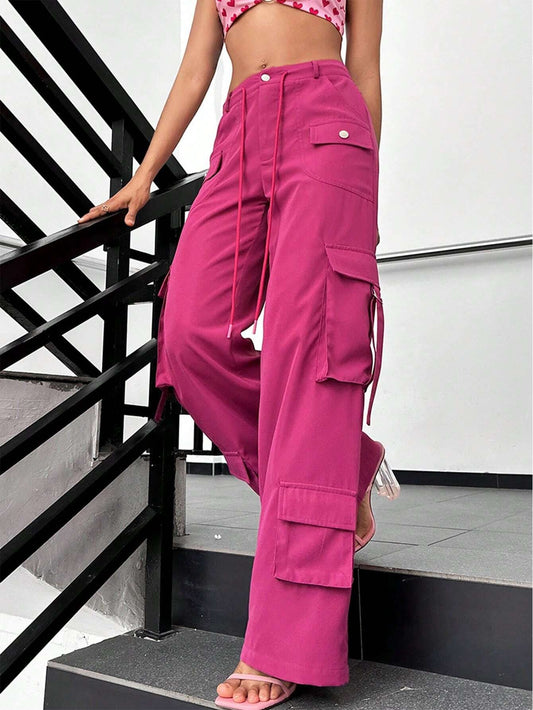 CM-BS431119 Women Casual Seoul Style Flap Pocket Side Cargo Pants - Hot Pink