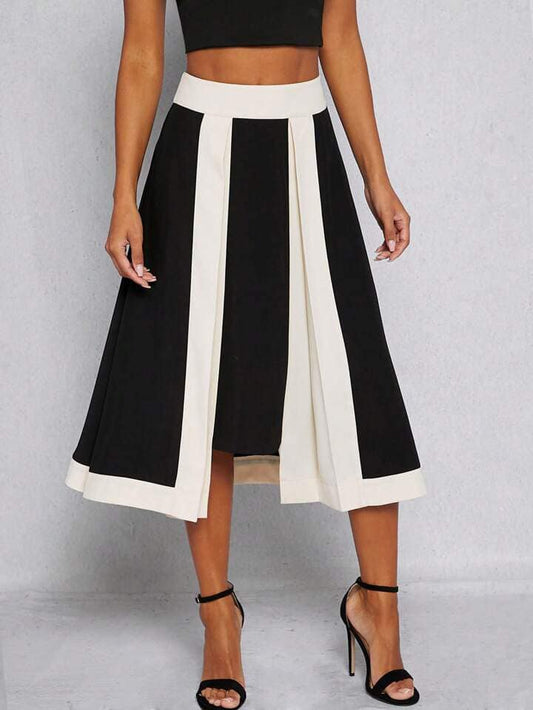 CM-BS453888 Women Elegant Seoul Style Colorblock High Waist A-Line Skirt - Black