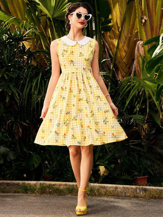 CM-DS660628 Women Vintage Seoul Style Plaid Cherry Print Sleeveless Turn-Down Collar A-Line Dress - Yellow