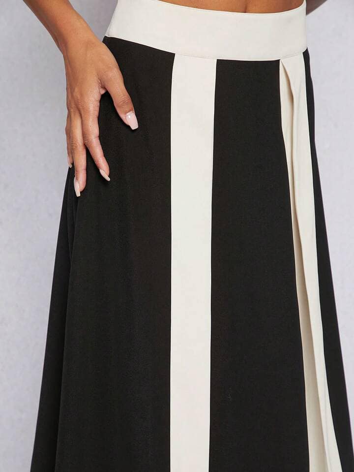 CM-BS453888 Women Elegant Seoul Style Colorblock High Waist A-Line Skirt - Black