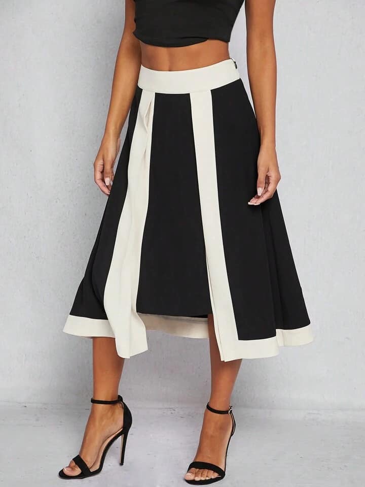 CM-BS453888 Women Elegant Seoul Style Colorblock High Waist A-Line Skirt - Black