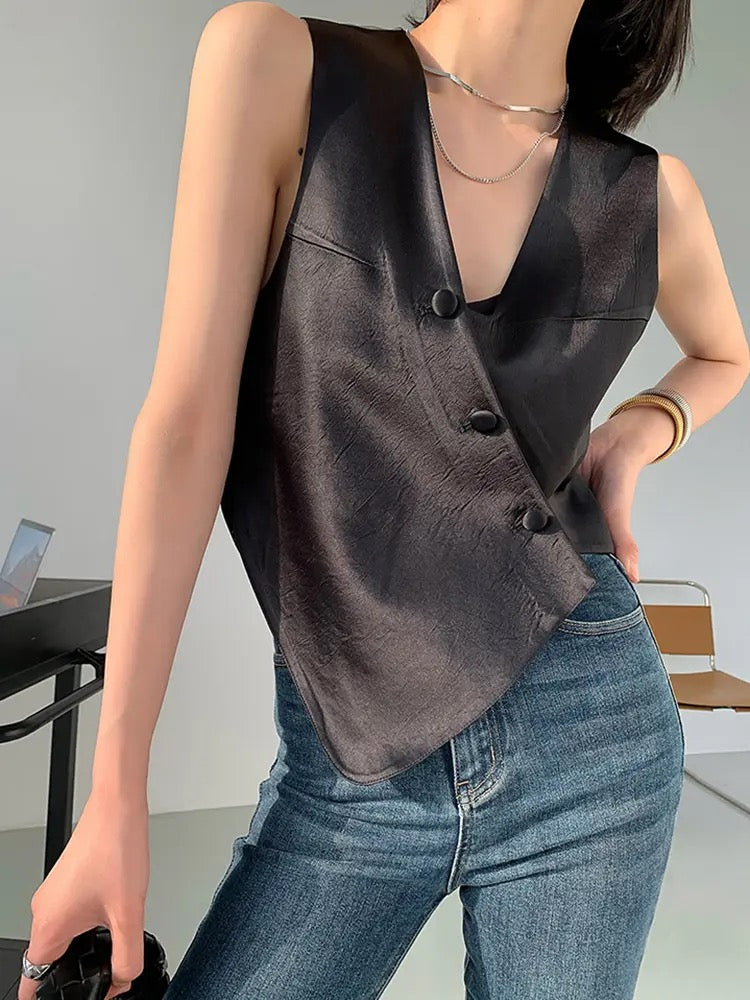 CM-TS011029 Women Chic Seoul Style Irregular V-Neck Slim Fit Vest Top - Black