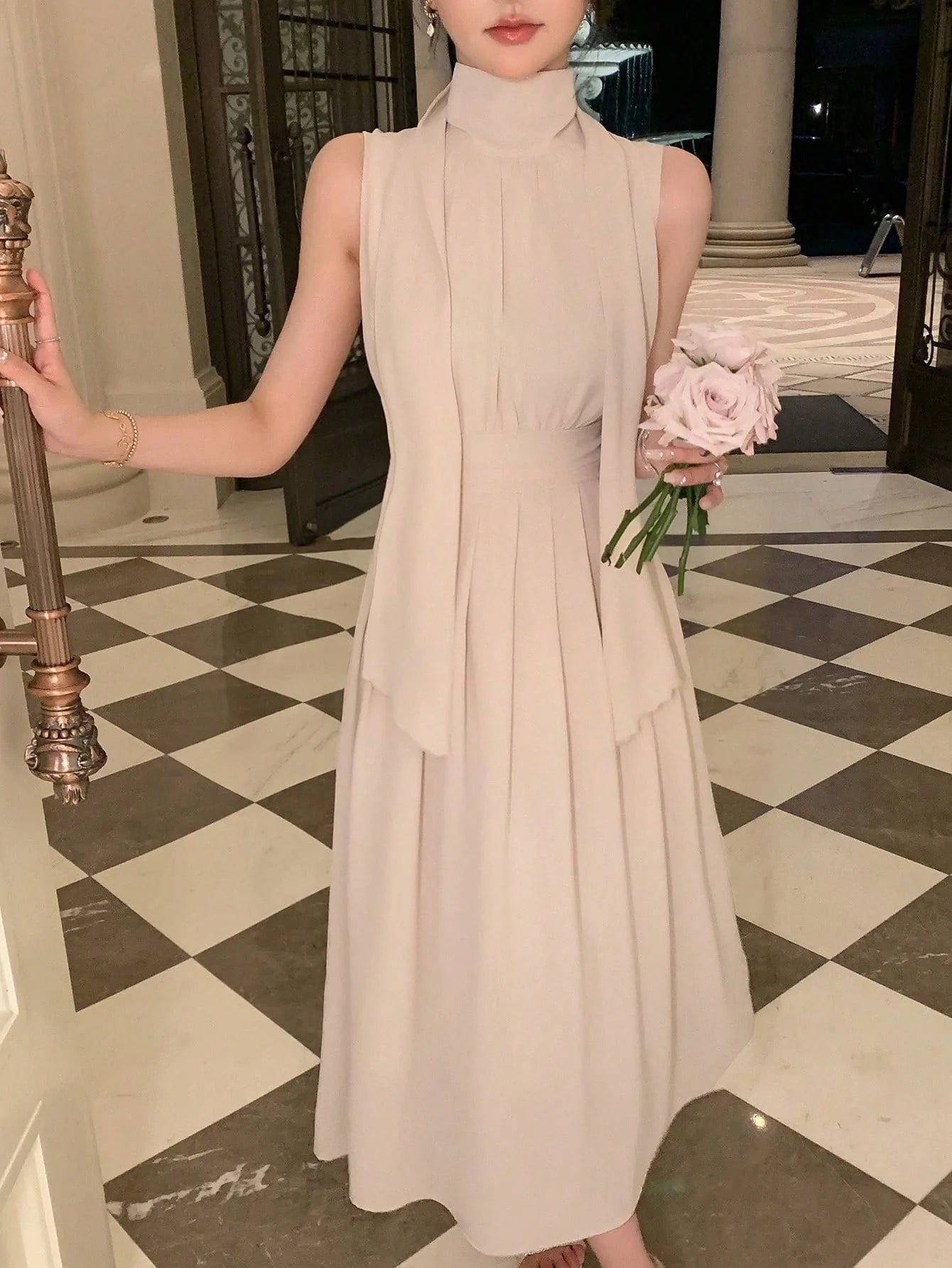 CM-DS634353 Women Elegant Seoul Style Stand Collar Sleeveless Solid Pleated Detail Dress