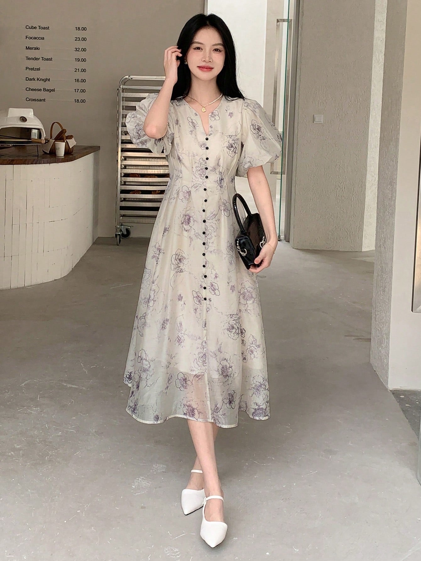 CM-DS062728 Women Elegant Seoul Style Floral Print Puff Sleeve Button Front Dress - Apricot