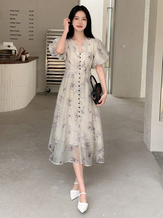 CM-DS062728 Women Elegant Seoul Style Floral Print Puff Sleeve Button Front Dress - Apricot