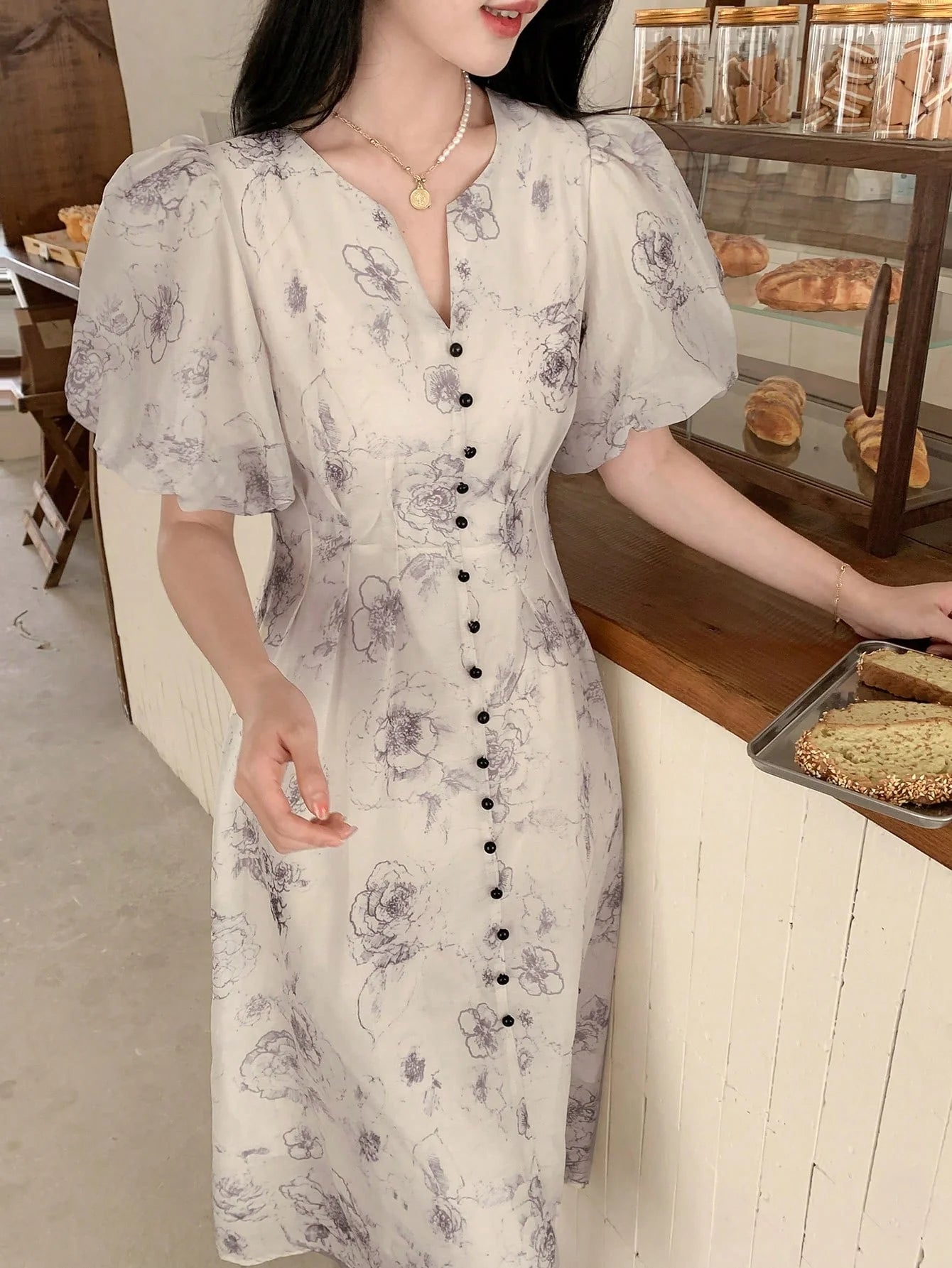CM-DS062728 Women Elegant Seoul Style Floral Print Puff Sleeve Button Front Dress - Apricot