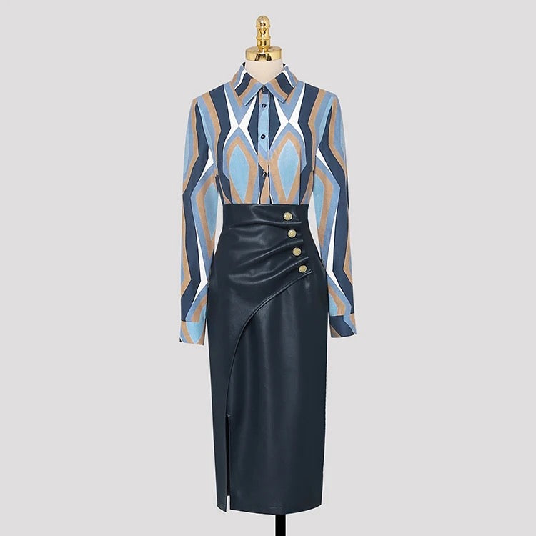 CM-SF092001 Women Retro European Style Color Block Blouse With Pleated Slim Leather Skirt - Set