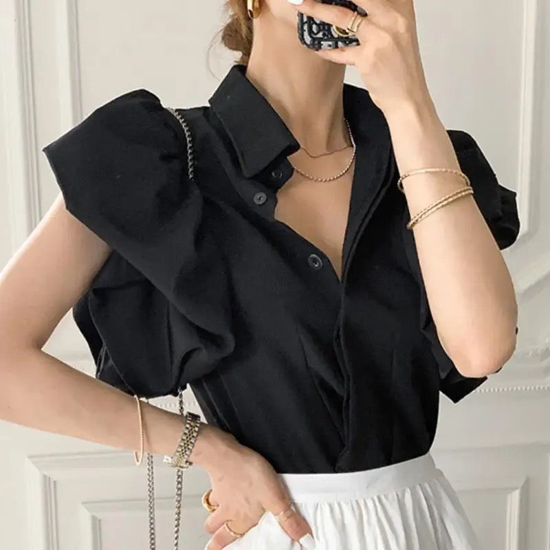 CM-TS816537 Women Elegant Seoul Style Solid Button Front Exaggerated Sleeve Shirt - Black