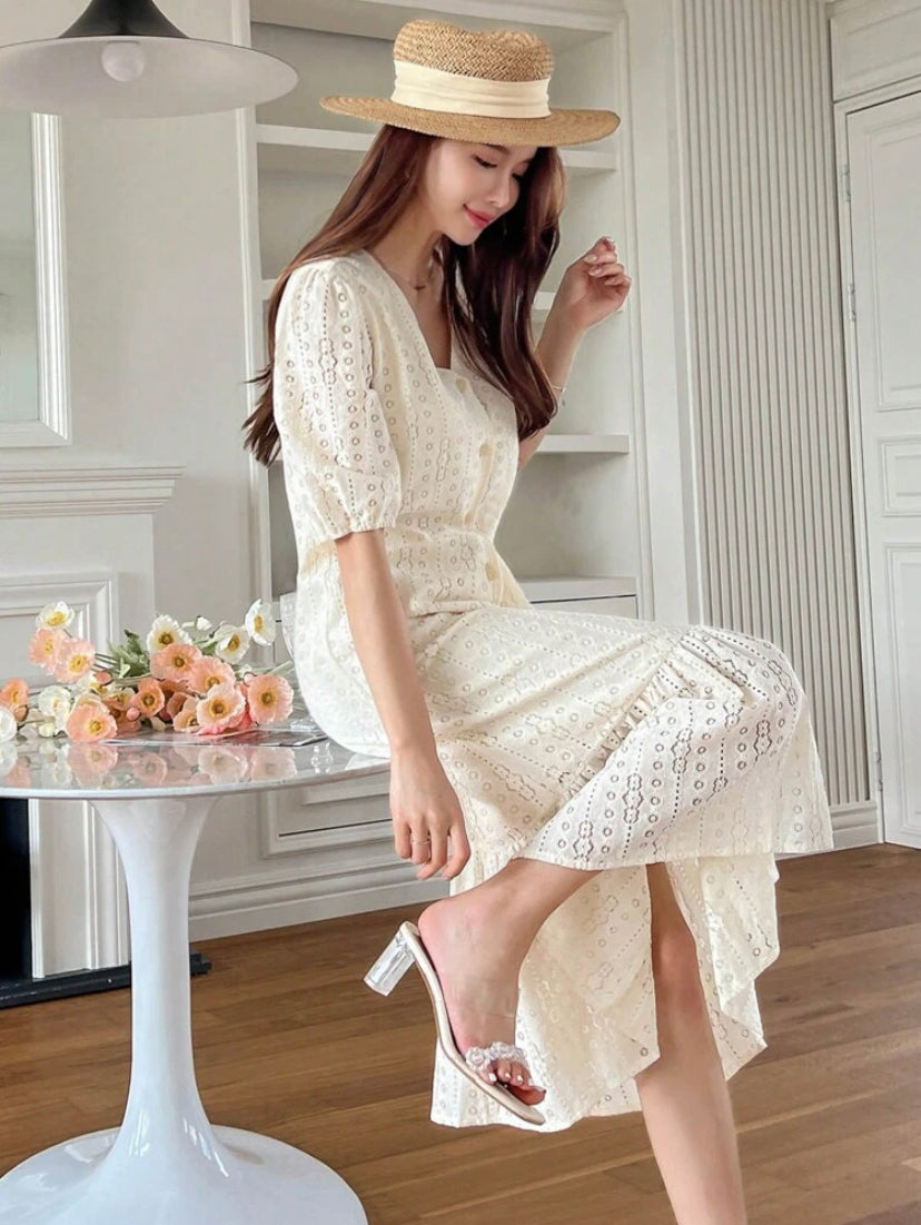 CM-DS322244 Women Elegant Seoul Style Puff Sleeve Ruffle Hem Smock Dress - Apricot