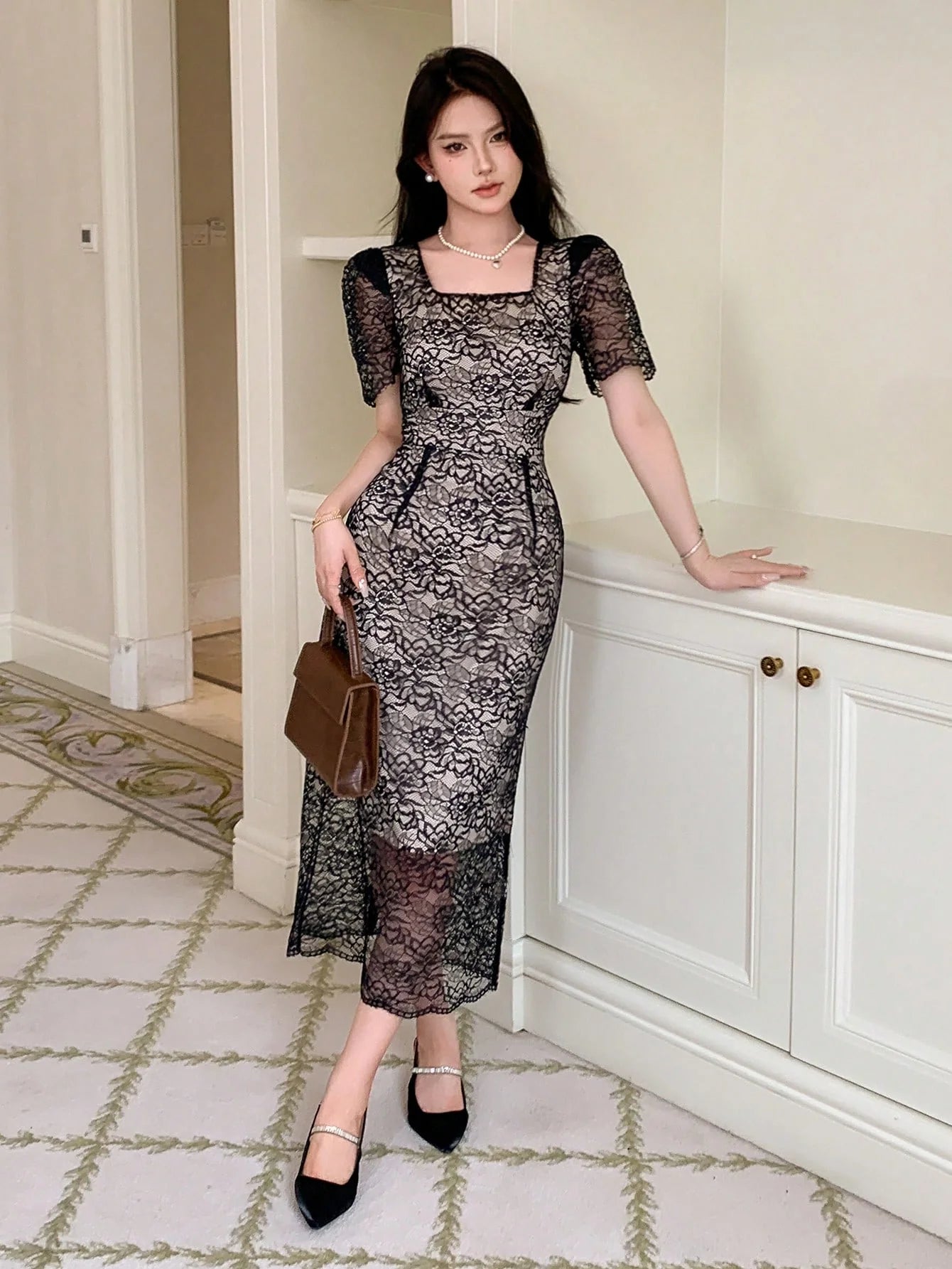 CM-DS226177 Women Elegant Seoul Style Square Neck Puff Sleeve Lace Overlay Dress - Black