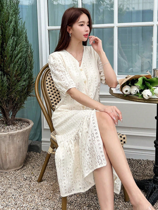 CM-DS322244 Women Elegant Seoul Style Puff Sleeve Ruffle Hem Smock Dress - Apricot